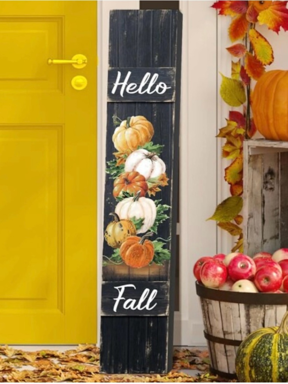 Hello Fall Welcome Sign for Front Porch Standing, Wooden Porch Sign with Leaves
